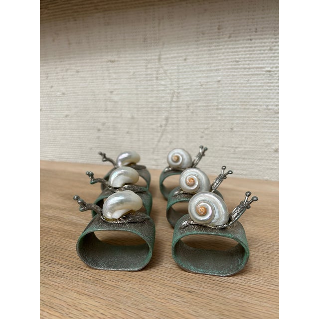 1990s Handcrafted Vintage Steel & Shellcraft Snail Napkin Rings- Set of Six For Sale - Image 4 of 7