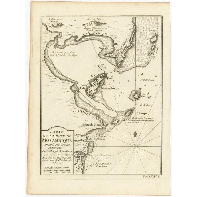 This detailed French sea chart depicts the Bay of Mozambique and the strategically vital island settlement of Mozambique,...