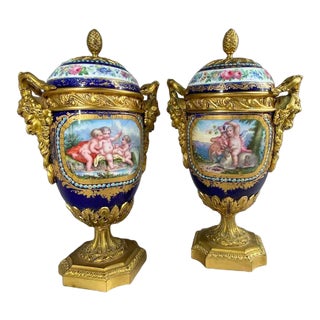 19th Century Opulent Antique French Sevres Porcelain Ormolu Bronze Urns - a Pair For Sale