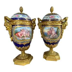 19th Century Opulent Antique French Sevres Porcelain Ormolu Bronze Urns - a Pair