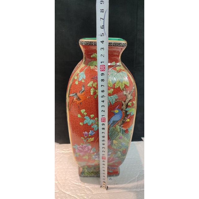 20thC Chinese Ceramic Vase Qing Dynasty Qianlong Marked Red Ground Famille Rose Porcelain Square Vase Hand Painted Flowers and Birds Pattern For Sale - Image 9 of 10