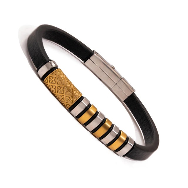 Modern Fleur-de-lis Dual Tone Leather Bracelet For Sale - Image 3 of 9