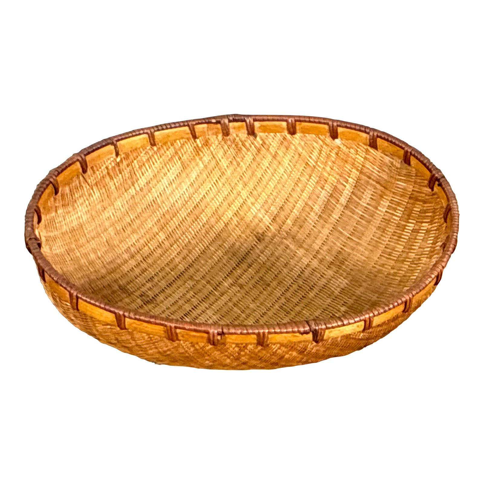 Vintage Japanese Woven Bamboo Winnowing Basket With Rattan Rim