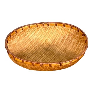 Vintage Japanese Woven Bamboo Winnowing Basket With Rattan Rim For Sale