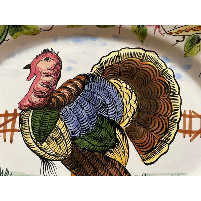 American Italian Hand Painted Thanksgiving Turkey Platter Ceramic - Large Oval 14 X 18 For Sale - Image 3 of 10
