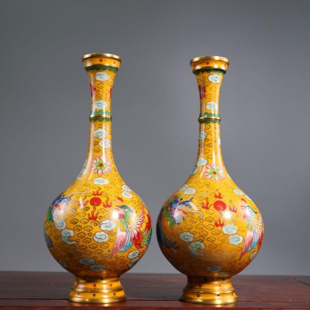 Traditional Late 19th Century Pair of Yellow Cloisonné Enamel Dragon and Phoenix Vases For Sale - Image 3 of 9