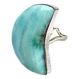 Monumental Larimar Half-Moon Ring in Sculptural .925 Sterling Silver, Size 7.75 For Sale