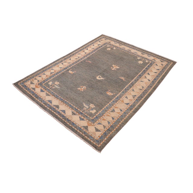 Abstract Modern Gabbeh Blue/Orange Wool Rug - 6'0'' X 8'10'' For Sale - Image 3 of 10