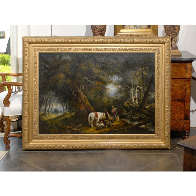 Traditional Early 20th Century Large Oil Painting of Men with Horse and Dogs in Landscape, Turn of the Century For Sale - Image 3 of 4