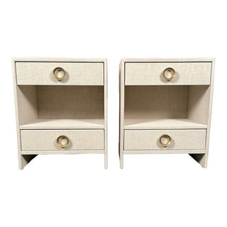 Pair Custom Linen Wrapped Open Commodes, Chests, Nightstands, White, American For Sale