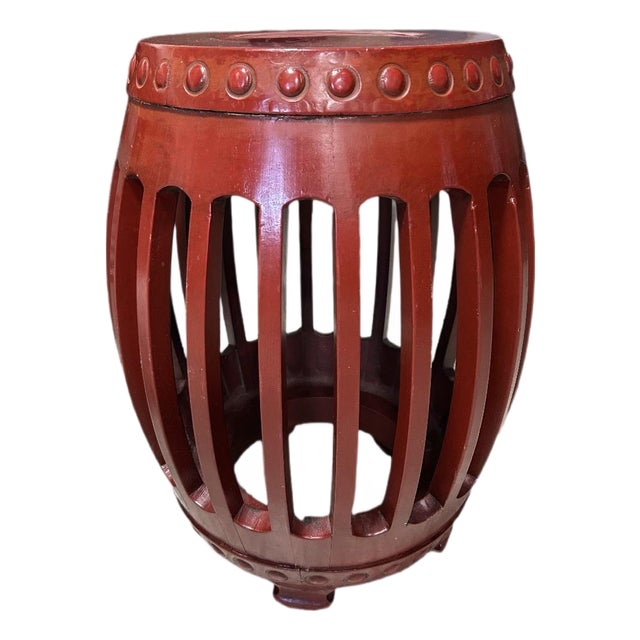 1950s Red Wooden Drum Stool or Side Table | Chairish