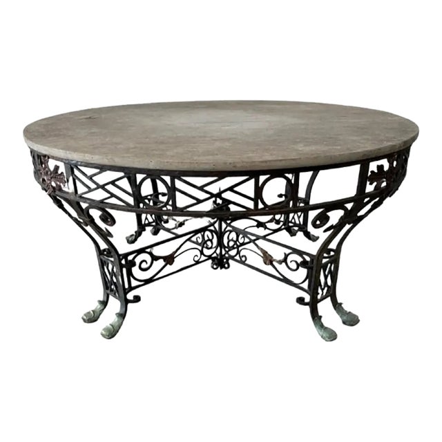 Antique French Forged Wrought Iron Bronze & Stone Patio Table For Sale