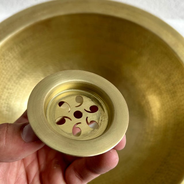 Rustic Moroccan Farmhouse Hammered Brass Sink Bathroom Drop-In Oval Bar Sink With Brass Drain For Sale - Image 9 of 10