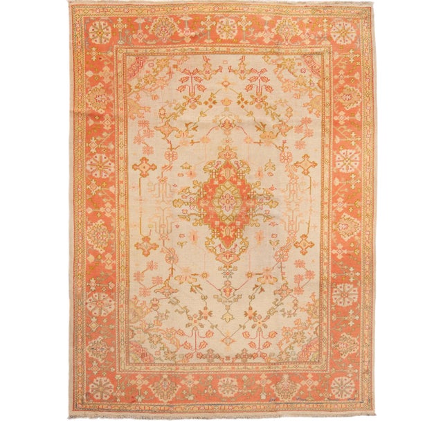 Antique Turkish Oushak Peach Handmade Wool Rug For Sale