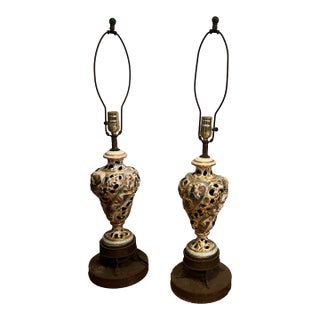 Late 19th Century Capodimonte Lamps . Cherub Design , Hand Painted - a Pair For Sale
