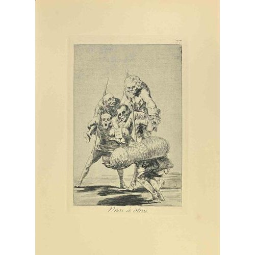 Unos á otros (What one does to another) is a black and White aquatint, drypoint, and etching printed in blue-black ink on...