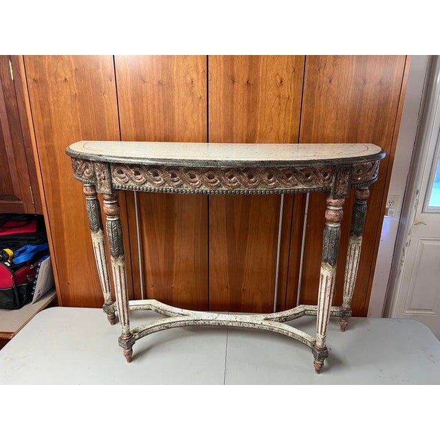 French Louis XVI Style Carved Wooden Demilune Console Table For Sale - Image 3 of 17