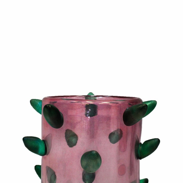 1980s Art Deco Style Pink and Green Murano Glass Vases with Applied Spikes, 1980, Set of 2 For Sale - Image 5 of 9