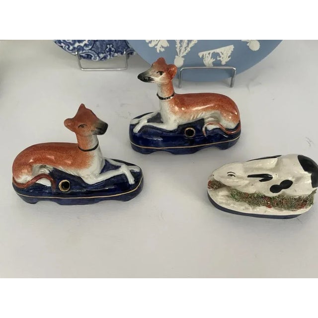 Ceramic Antique Staffordshire Dogs and Rabbit Inkwell, Set of 3 For Sale - Image 7 of 9