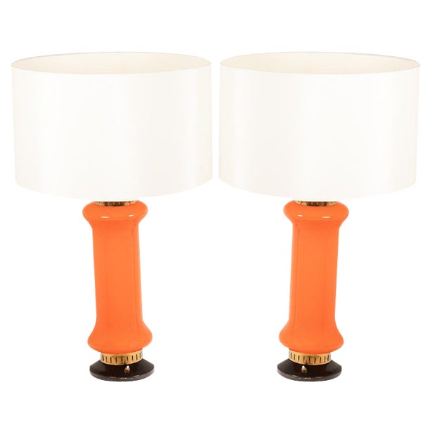 Orange Glass Table Lamps. 1970s, Set of 2 For Sale