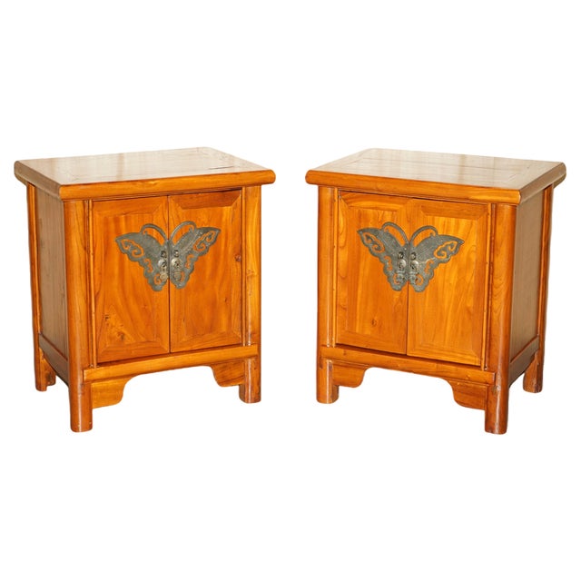 Chinese Elm Bedside Tables with Butterfly Handle, Set of 2 For Sale