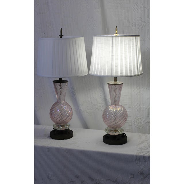 Mid-Century Modern 1950s Barovier Toso Murano Glass Lamp Pair With Pleated White Shades For Sale - Image 3 of 18