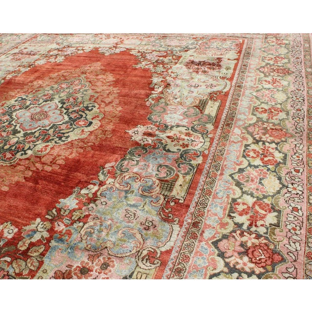 1930s Persian Antique Mahal Rug With Beautiful Floral Design in Red, Pink, and Green For Sale - Image 5 of 12