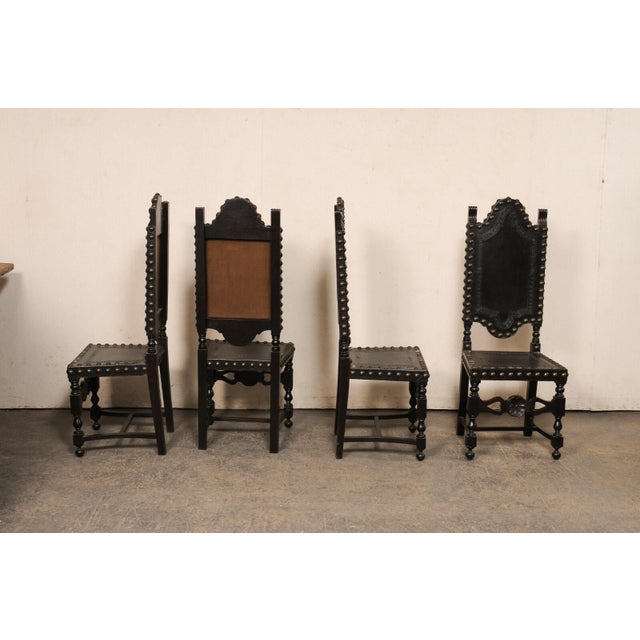 Black Mid 20th Century Set of 8 Spanish Leather & Carved Wood Chairs With Nailhead Trim For Sale - Image 8 of 12