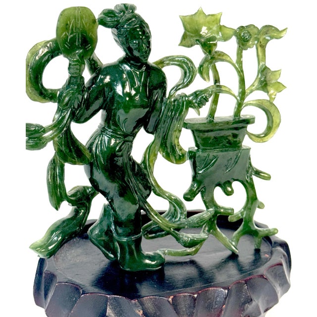 Chinese Spinach Nephrite Jade Immortal with Lotus, Mid-20th Century For Sale - Image 9 of 12