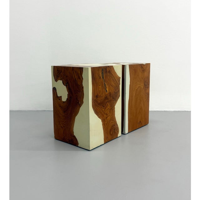 Mid 20th Century Vintage Burl Wood & Lacquered Parsons Pedestal Tables – Pair For Sale - Image 5 of 8
