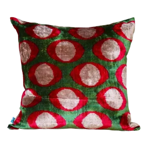 Green & Red Velvet Ikat Pillow
