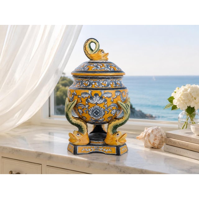 Mediterranean Vintage Faience Urn With Dolphins For Sale - Image 3 of 5
