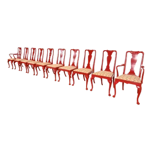 Kindel Furniture Style Chinoiserie Queen Anne Red Lacquered Dining Chairs, Set of Ten