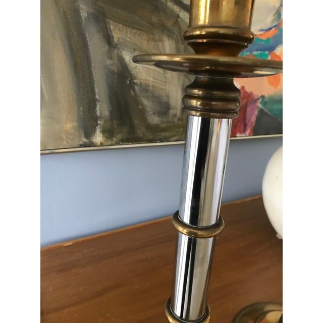 Maitland Smith Brass and Chrome Bamboo Style Tall Candlesticks-A Pair For Sale In Chicago - Image 6 of 7