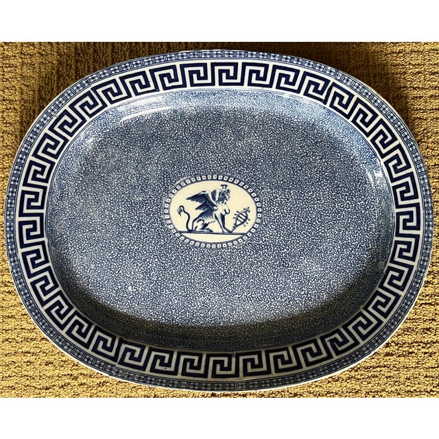 Neoclassical Antique 19th Century English Regency Pearlware Blue & White Transferware Platter With Sphinx and Greek Key Decoration For Sale - Image 3 of 6
