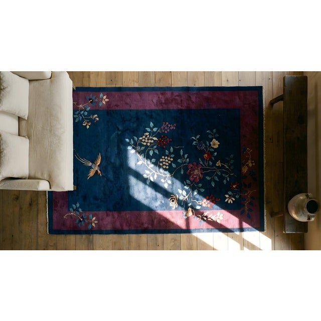 1920s Blue Navy Floral Bird Antique Chinese Art Deco Carpet 4'1" X 6'8" Knotted Wool Rug For Sale - Image 14 of 14