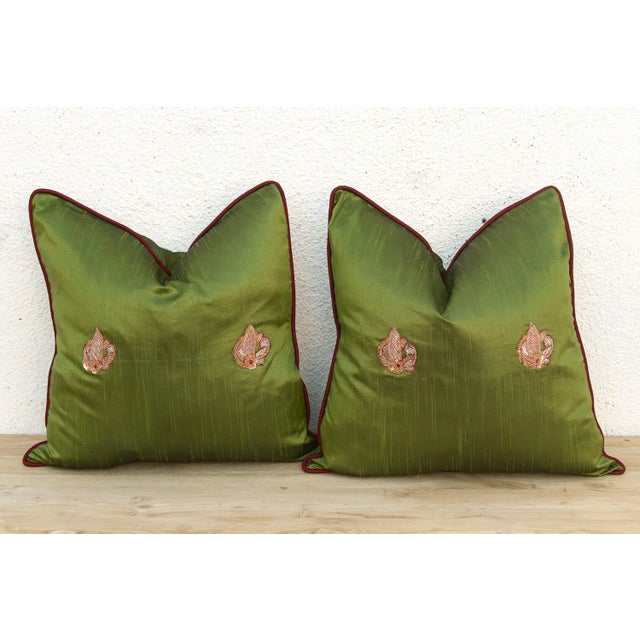 Traditional Pair of Morya Green Zardozi Pillows For Sale - Image 3 of 6
