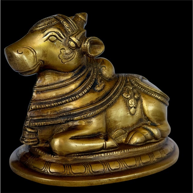 1950s Mid Century South Indian Brass Statue of Shiva's Bull Nandi Metal Antique For Sale - Image 13 of 14