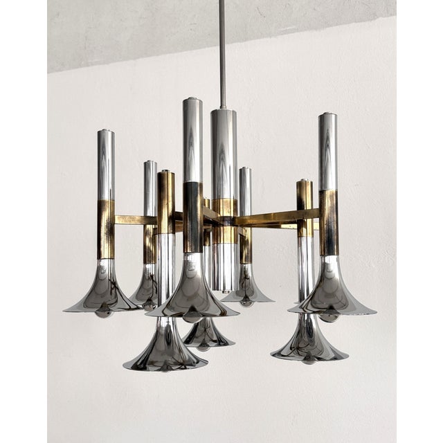 Large Italian Chrome and Brass Trumpet Chandelier attributed to Lumi Milano, 1970s For Sale - Image 14 of 18