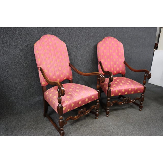 Early 20th Century Jacobean Style Carved Walnut Pink Upholstered Throne Chairs - a Pair For Sale - Image 5 of 10