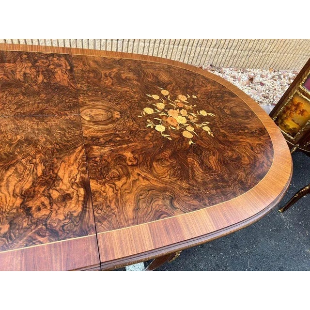 Mid 20th Century Louis XV Style Marquetry Satinwood Inlaid and Ormolu Mounted Extension Dining Table With Leaf. For Sale - Image 10 of 11