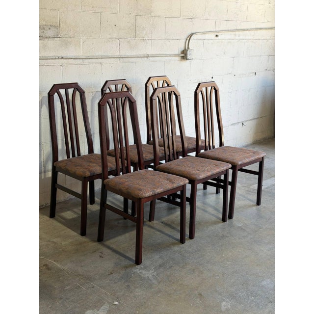 Mid-Century Modern Dark Wood High-Back Upholstered Dining Chairs Set of 6 Mid-Century Modern For Sale - Image 3 of 12