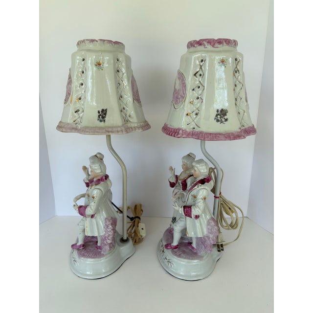 Vintage Rococo Revival Porcelain Figurine Table Lamps – Romantic Couple, Pair For Sale - Image 4 of 10
