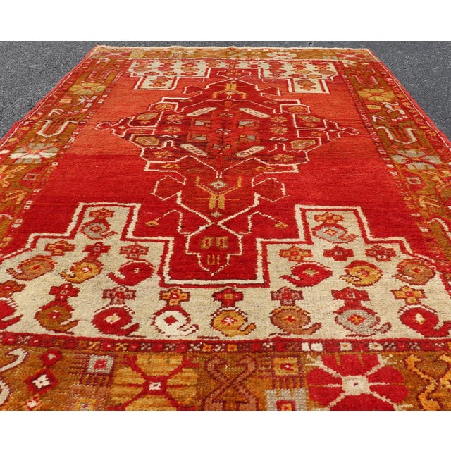 Tribal Colorful Antique Turkish Oushak With Red, Rose, Ivory, Yellow-Green & Yellow For Sale - Image 3 of 14