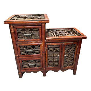 Late Qing Dynasty Split Bamboo & Lattice Top Chippendale Cabinet W/ 3 Drawers For Sale