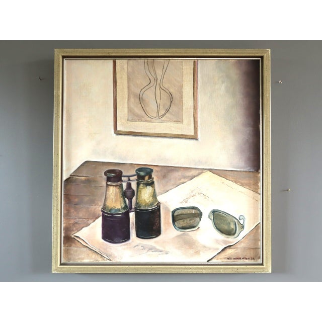STILL LIFE WITH BINOCULARS Size: 17.7 x 17.3 inches (including frame) Oil on canvas An intimate interior still life...