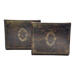 1950’s Faux Leather Gold Pressed Bookends- A Pair For Sale