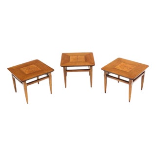 Set 3 Three American Burl Walnut Square End Side Occasional Tables Stands MINT! For Sale
