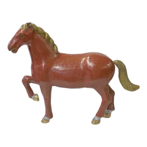 Vintage Chinese Metal Brick Red Golden Tail Fengshui Horse Figure