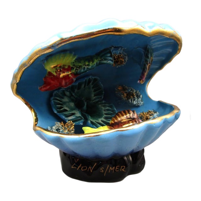 Vintage Vallauris Lion S/Mer Blue Ceramic Clam Shell Lamp Mid Century Tikki Kitch Cord Cut Signed For Sale
